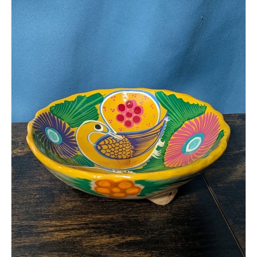 Mexican Pottery Three Footed Bowl Hand Painted Colorful Birds Flowers